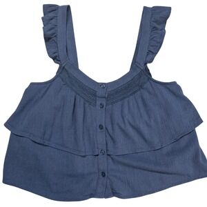 American Eagle Blue Ruffle Button Front Tiered Cami Top Crochet Lace Boho Medium